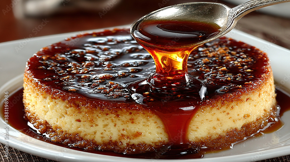custom made wallpaper toronto digitalA caramel flan with syrup being spooned over it.