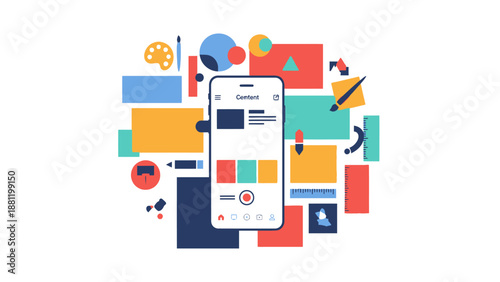 Colorful graphic design elements surrounding a smartphone with a user interface on its screen.