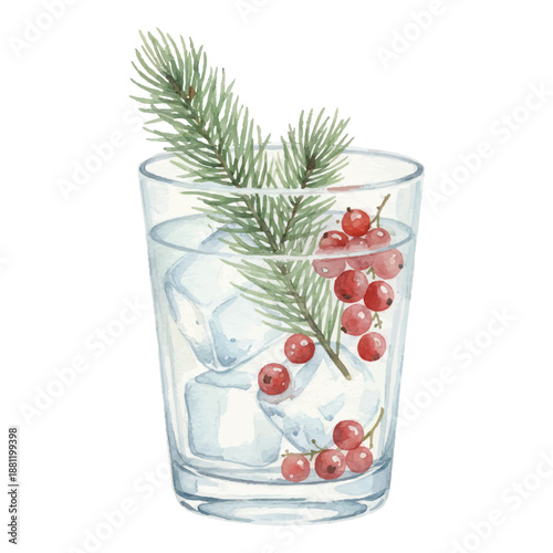 Evergreen Gin Tonic Watercolor Cocktail Illustration on White Background
