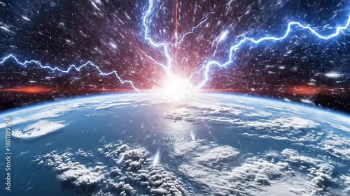 Wallpaper Mural A majestic view of Earth from space with a bright sun shining and blue lightning bolts illuminating the dark starry sky Torontodigital.ca