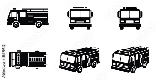 Fire truck vector illustration collection different side front top views for firefighter rescue