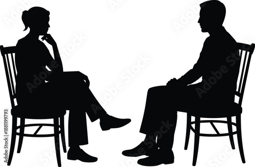 Silhouette of a Man and Woman Sitting in Chairs Having a Serious Conversation for Mental Health Counseling Therapy Session Business Coaching and Professional Consulting ServicesSilhouette 