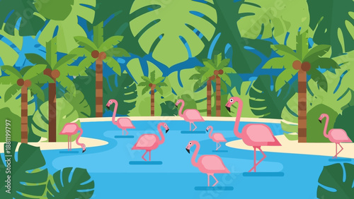 Tropical landscape with pink flamingos in a serene lagoon surrounded by palm trees.