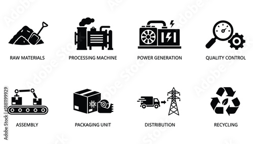 Industrial manufacturing stage icon set design in black and white vector factory signs