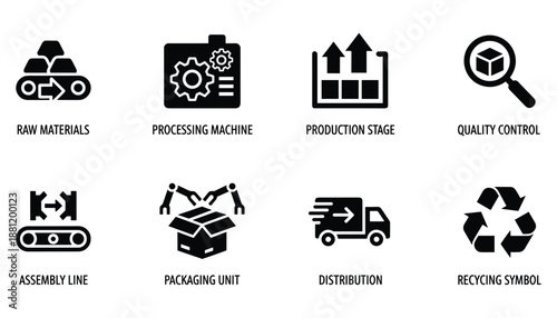 Manufacturing process outline icons of raw materials processing production quality control and more