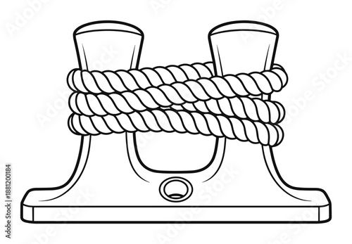 Marine bollard tied with rope mooring vector illustration line art in cartoon style