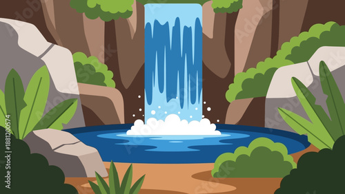 Serene Cartoon Waterfall Scene with Lush Greenery and Rocky Cliff.