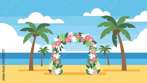 Tropical beach wedding arch with palm trees and flowers.