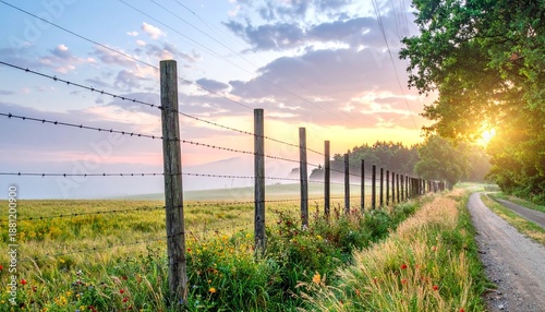 Scenic countryside view with a fence, road, and vibrant sunset sky, peaceful landscape.