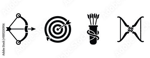 Set of archery icons with bow target quiver and arrow with hunting sport equipment design