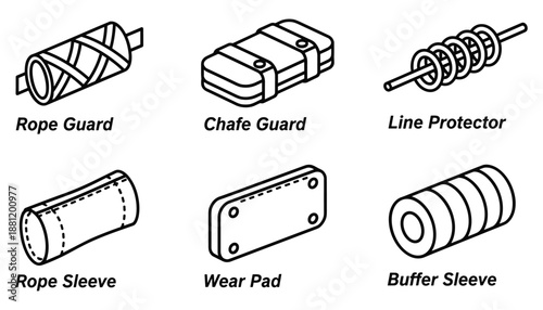 Set of boat accessories to protect ropes and lines from wear and tear isolated