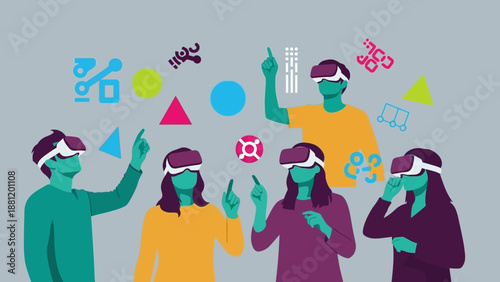 Group of people using virtual reality headsets and interacting with digital objects.