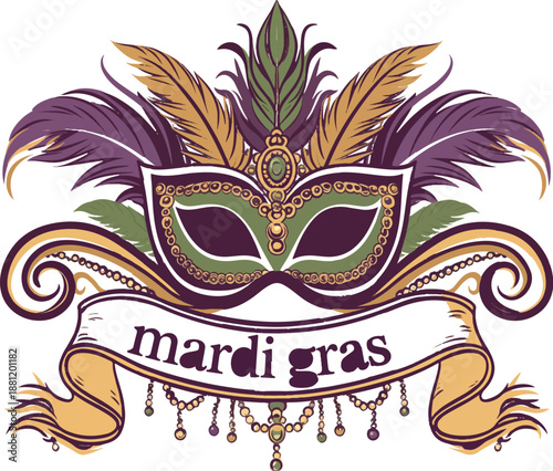 Mardi Gras Mask Illustration: A vibrant illustration depicts a ornate mask, feathers, and banner. Capturing the essence of celebration and revelry.