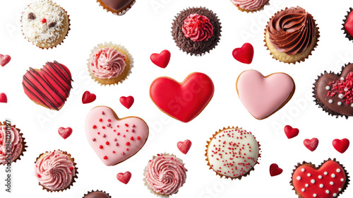Valentine's day cupcakes and hearts on transparent background