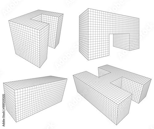 set of 3d buildings in different shapes, 3 dimensions grid line for architectural design. vector illustration. SVG file available only on Adobe Stock.