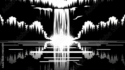 Pixel art of a waterfall cascading into a serene lake surrounded by trees.