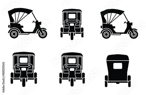 Set of silhouette tuk tuk rickshaw side front and perspective view vector illustration