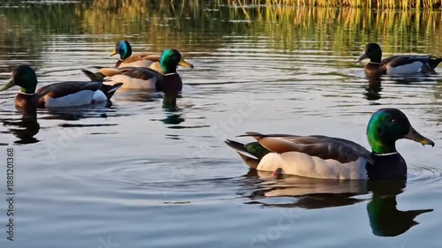 Graceful ducks swimming and quacking in serene water with shimmering reflections on a calm sunny day