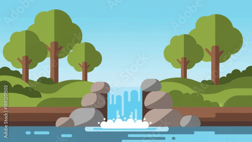 Serene Cartoon Waterfall Scene with Trees and Rocks.