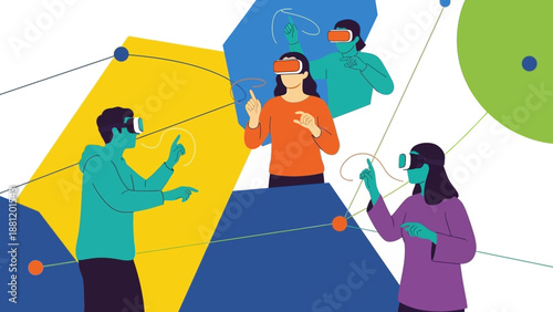 People interacting with virtual reality technology in a futuristic setting.