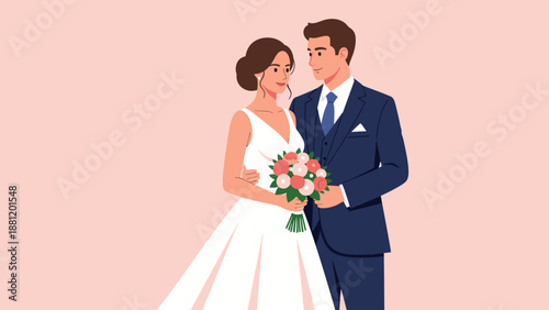 Illustration of a happy cartoon bride and groom embracing on a pink background.