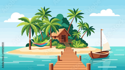 Tropical island getaway with wooden pier and sailboat.