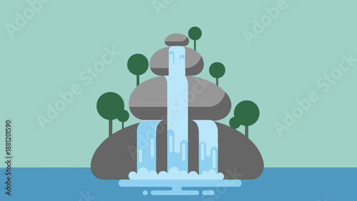 Serene Waterfall Landscape with Rocks and Trees.