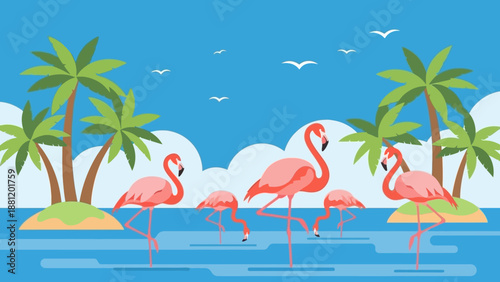 Tropical landscape with flamingos and palm trees by the water.
