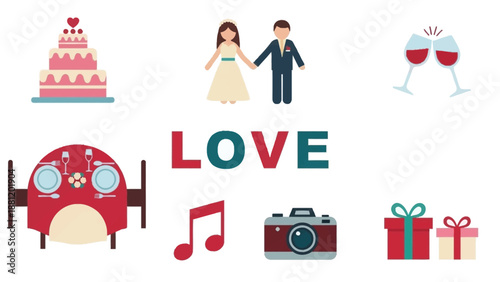 Love icons set including wedding cake, couple, and romantic symbols.