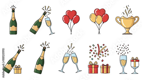 Celebratory elements including champagne bottles and glasses, balloons, trophies, and gifts.