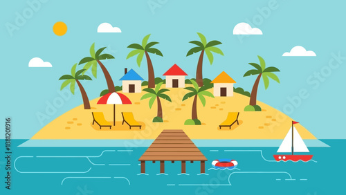 Tropical island getaway with palm trees and sailboat.