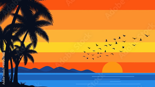 Tropical beach scene with palm trees and birds at sunset.