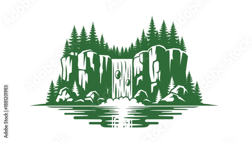 Serene Waterfall Landscape with Trees and Rocks.