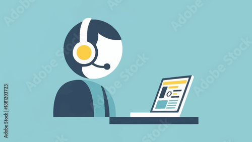 Customer service representative working on laptop with headset.