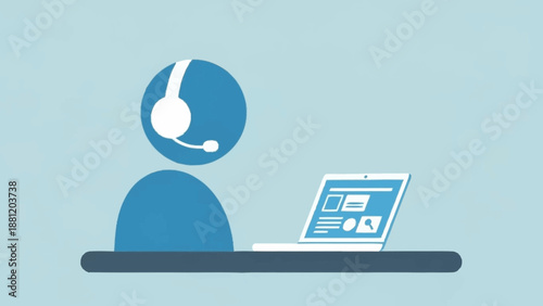 Customer service representative working on laptop with headset on.