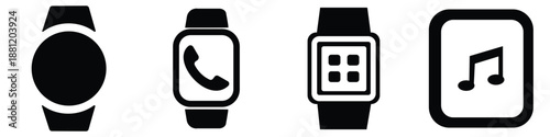 Smartwatch vector icon set with digital display, heart rate monitor, and wearable technology symbols. 