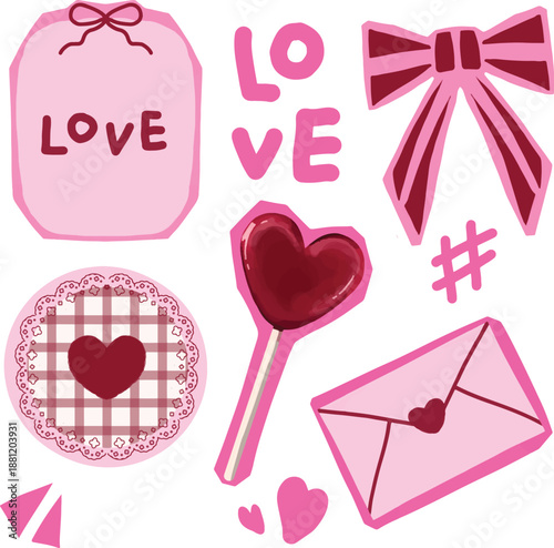 Collection of Valentine's Day themed elements including heart shapes, love lettering, envelopes, bows, and lollipops, perfect for romantic designs and celebrations
