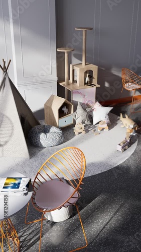 3D render vertical animation of a pet-friendly café