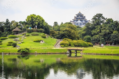 Korakuen Garden and the Black Okayama Castle in Okayama, Japan