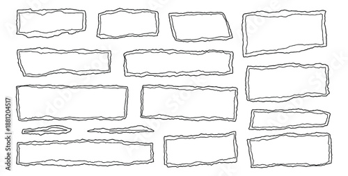 Hand drawn line art torn paper frame set featuring various rough-edged shapes for design and annotation