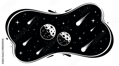 Stylized line art illustration of outer space depicting moons, stars, and comets within a fluid shape for science and fantasy projects