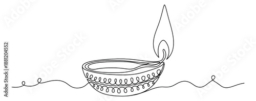 Hand drawn line art illustration of a diya oil lamp depicting a burning flame for indian festival celebrations