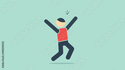 Cartoon man dancing with arms outstretched and feet off ground.