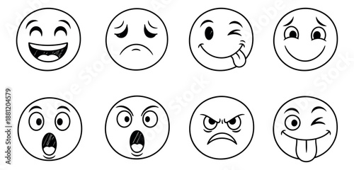 Hand drawn line art emoji set featuring various facial expressions for social media and communication