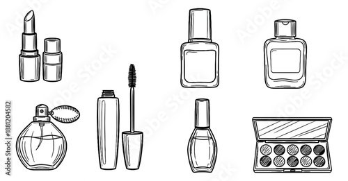 Hand drawn line art beauty products set featuring lipstick, mascara, nail polish, perfume, and makeup palette for cosmetics and personal care