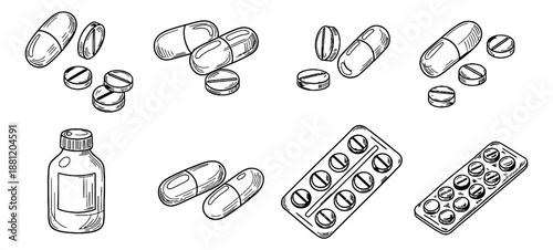 Hand drawn line art medical pills set featuring capsules, tablets, a bottle, and blister packs for pharmacy and healthcare illustrations