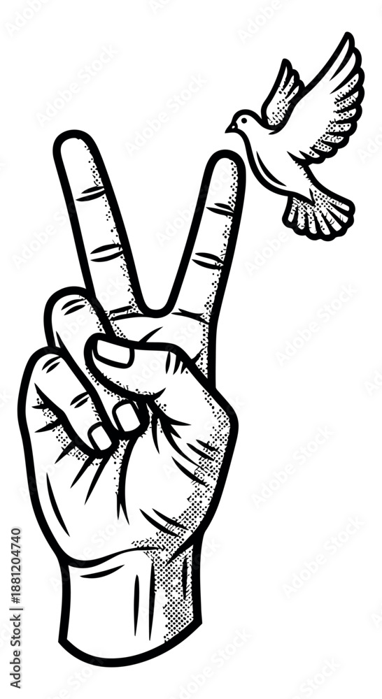 Obraz premium Hand drawn line art illustration of a peace sign hand and flying dove depicting global peace for social concepts