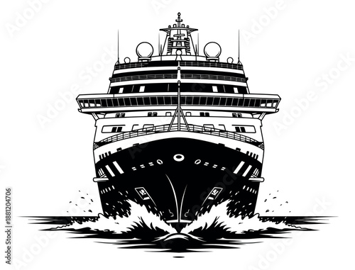 Black and white line art illustration of a cruise ship depicting movement with a bow wave for ocean travel