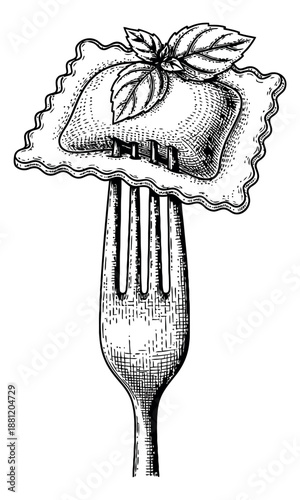 Hand drawn illustration of a ravioli depicting it on a fork with fresh basil for Italian cuisine