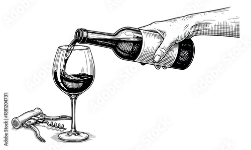 Hand drawn illustration of wine pouring depicting a hand pouring from a bottle into a glass with a corkscrew for beverage and restaurant designs
